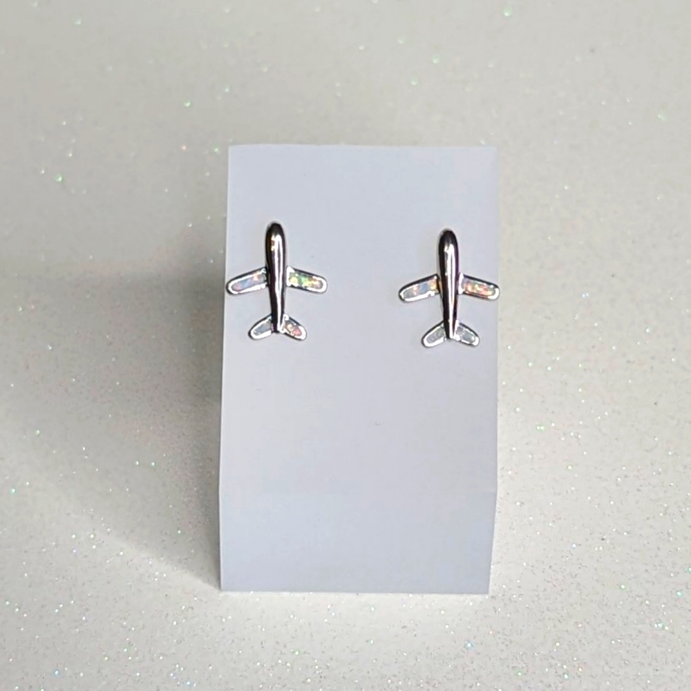 Airplane 925 sterling silver stud earrings with opal wings